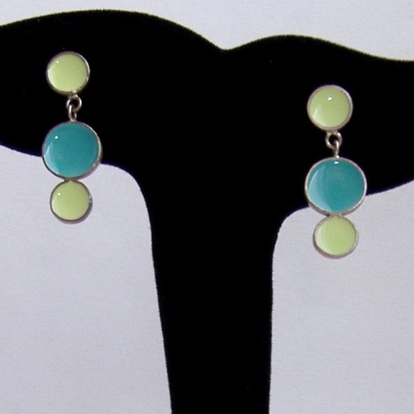Aqua Lime Dot Enamel Earrings Green Blue Sterling Silver Handmade Post New Gift - Picture 5 of 6